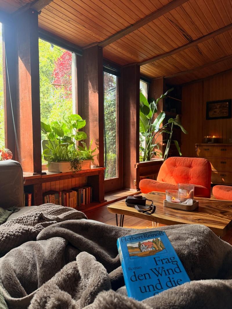 Blick vom Sofa: Kuscheldecke, aufgeschlagenes Buch und Couchtisch unter der Holzdecke, dahinter Fenster ins Grüne